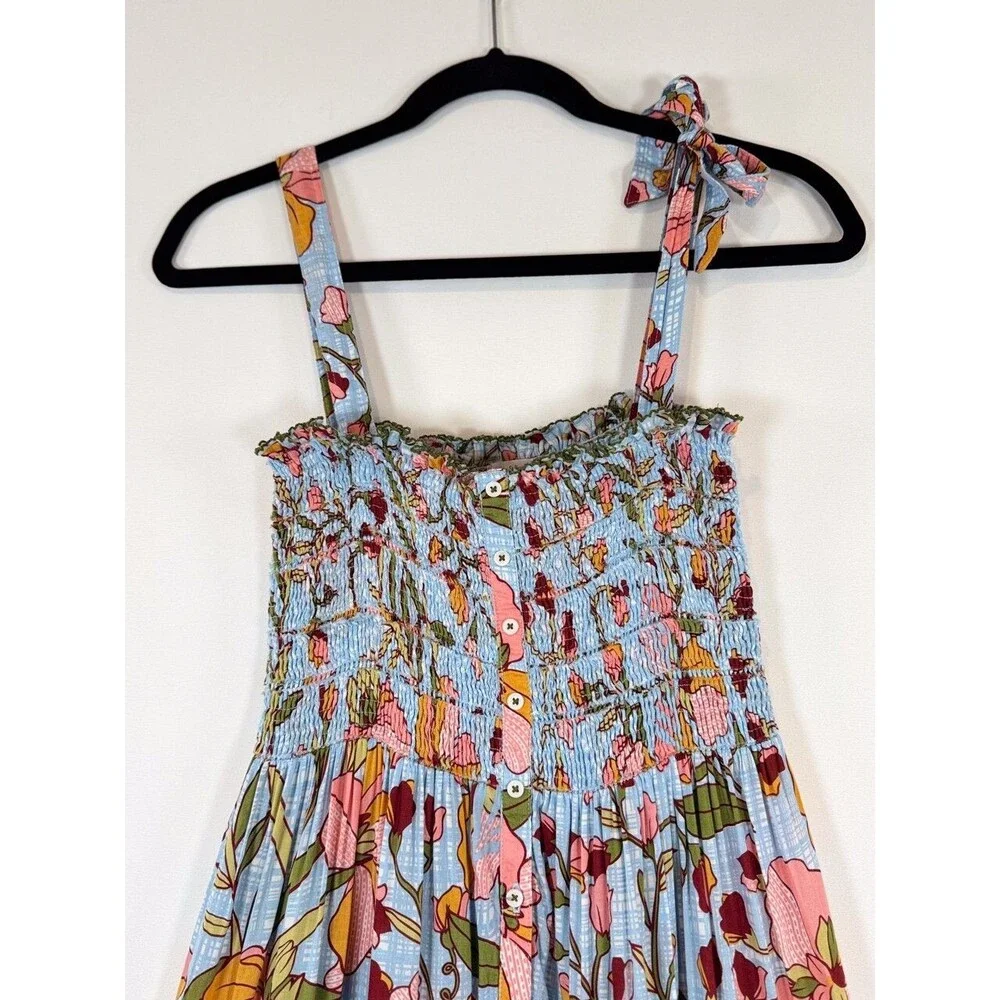 Poupette St Barth Dress Blue Midi Kleid Triny Floral Tank Tiered Smocked Boho XS
